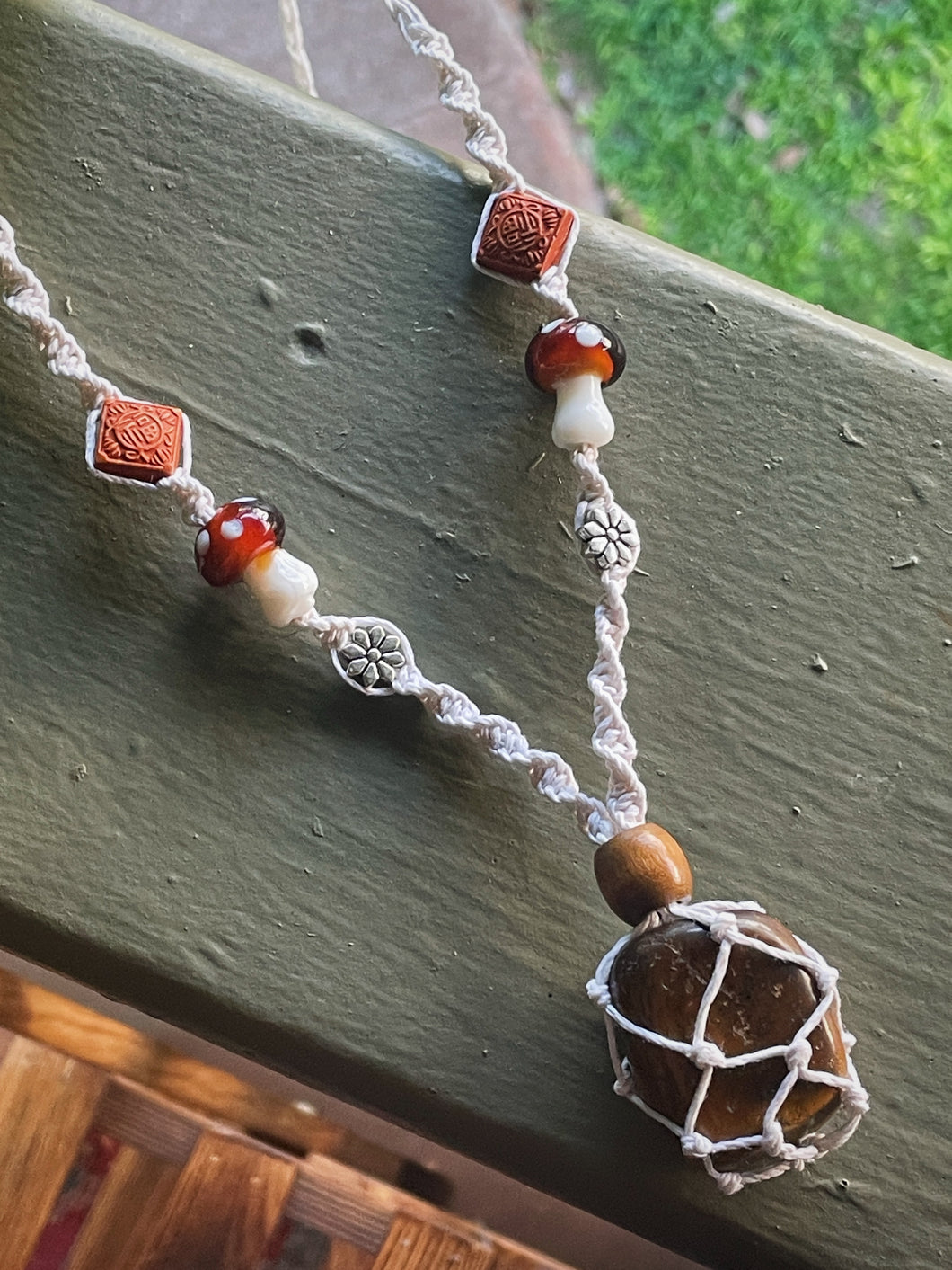 Tigers Eye Mushroom Macrame Necklace